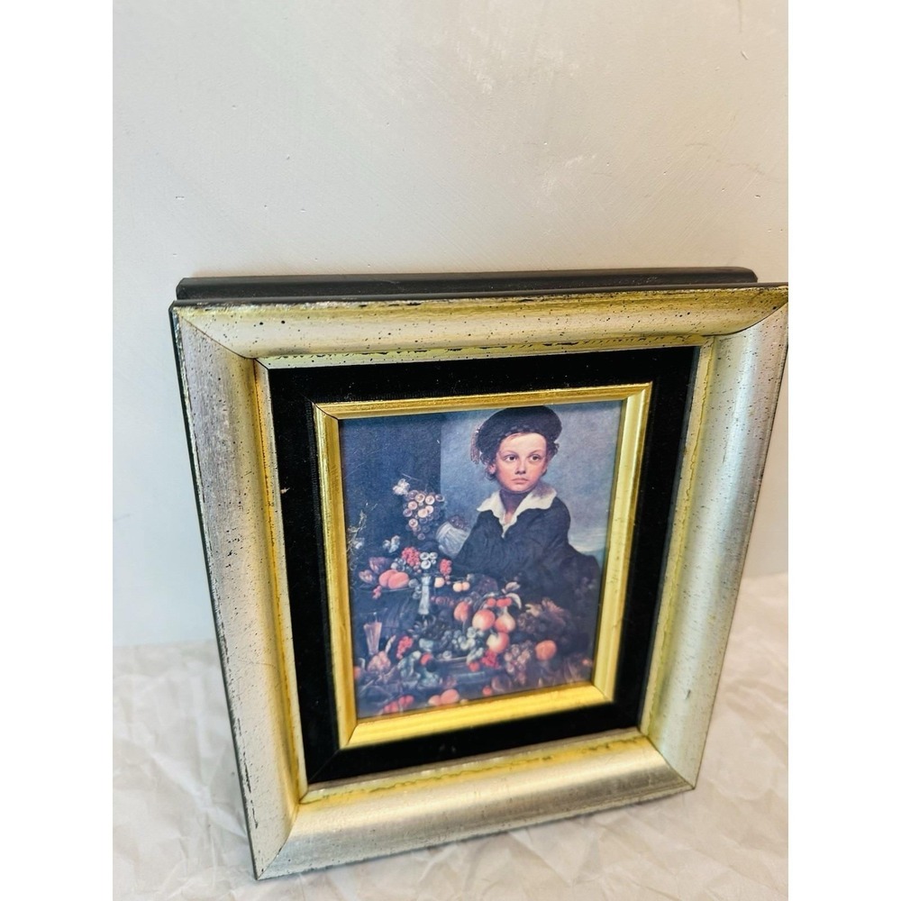 vintage 1970s silver leaf framed 'boy with still life' lithograph 8x7 - Picture 5 of 10